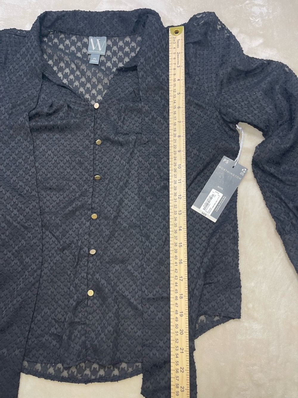 Worthington Petite Black Sheer Blouse Tie Front Textured Button Top PS NWT - Picture 7 of 7
